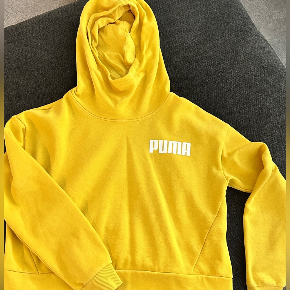 Puma crop sweatshirt with large neck hoodie. Bright yellow. Size Large